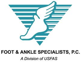 Logo: Foot with wing inside blue triangle, text