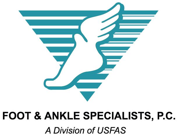Logo for Foot & Ankle Specialists, P.C. featuring a winged foot within a teal and white triangle.