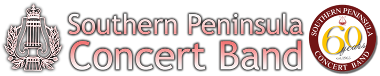 Logo for Southern Peninsula Concert Band, includes a logo and anniversary seal.