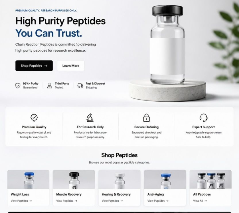 High-purity peptide storefront with white bottle, “Shop Peptides” products, and trust badges