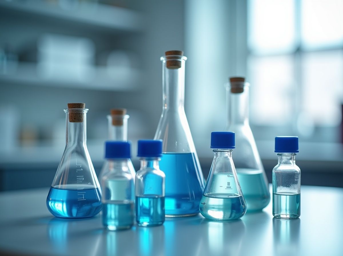Lab flasks and bottles filled with blue liquid on a lab bench in a bright laboratory
