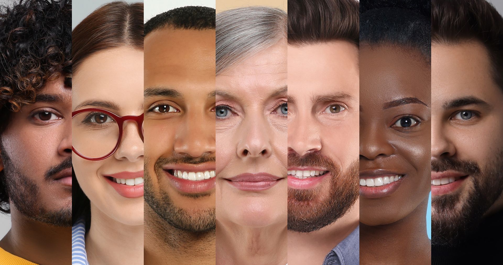 Diverse faces arranged in a horizontal collage, showing different expressions and styles on a dark background.