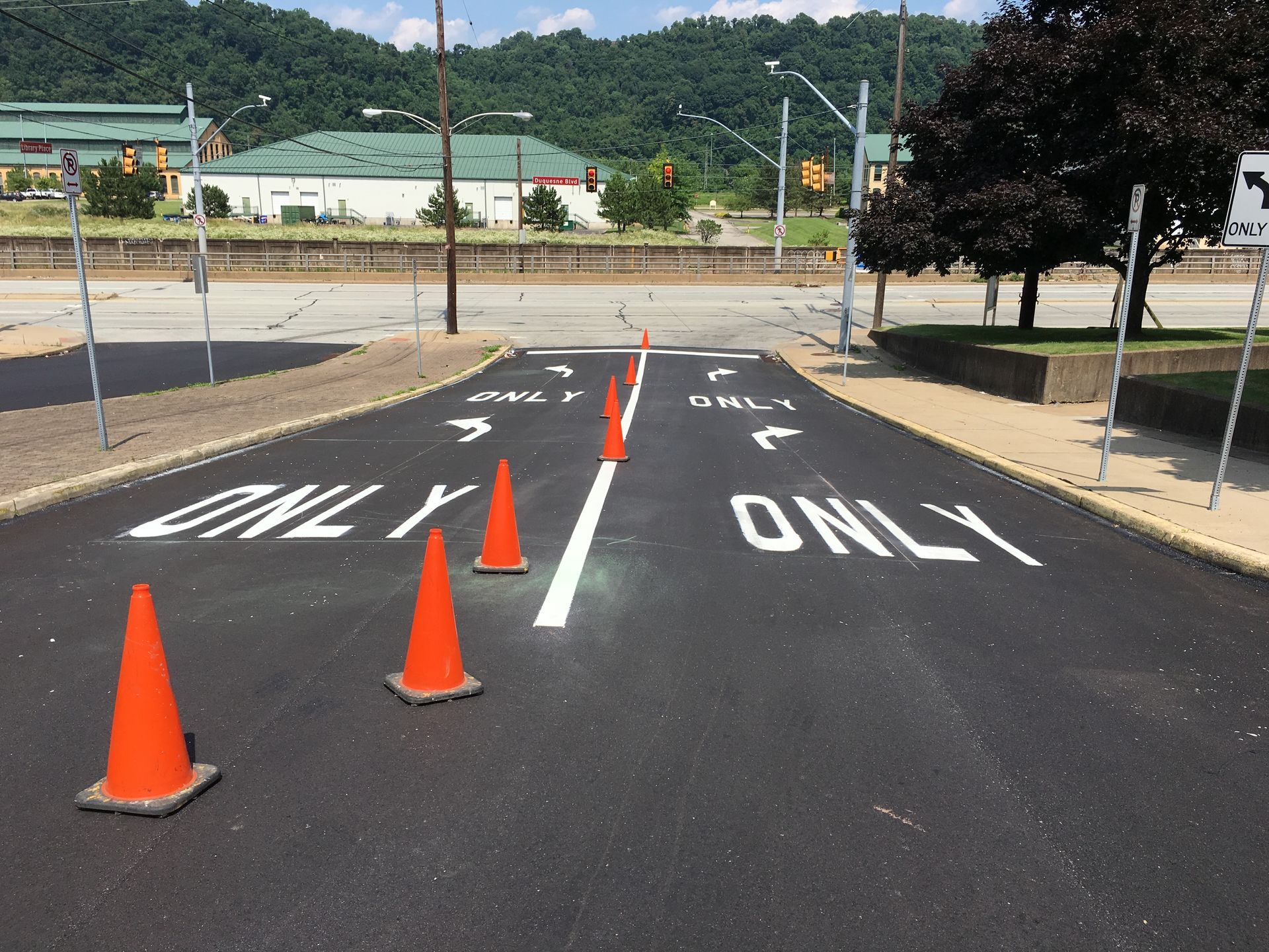 The word only is painted on the side of the road