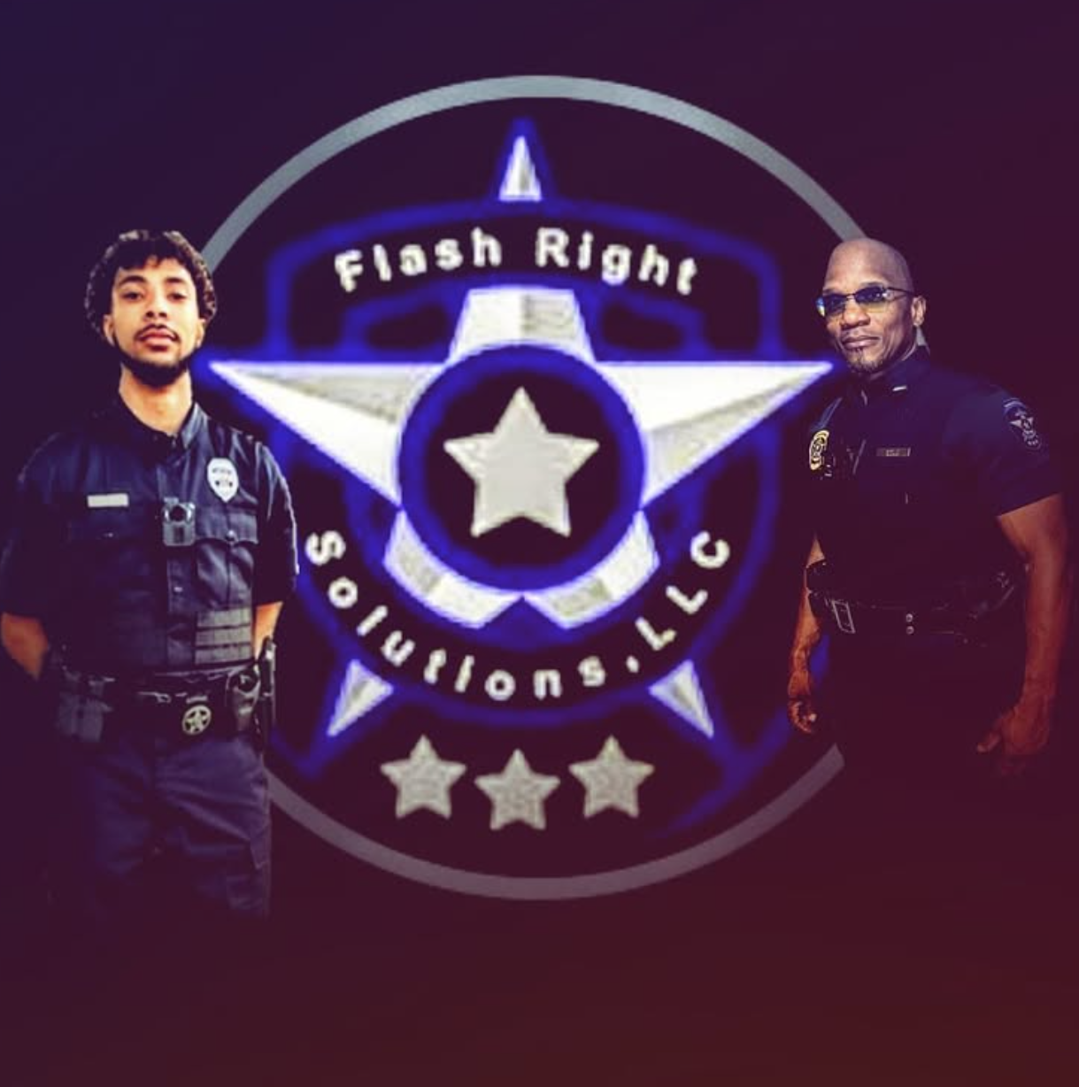 Two police officers flanking a logo that reads “Flash Right Solutions, LLC.”