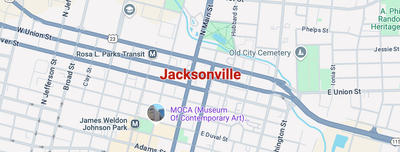 Map view of downtown Jacksonville, Florida, showing streets, James Weldon Johnson Park, and surrounding city blocks.
