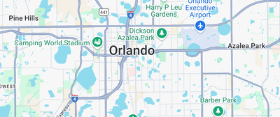 A map of Orlando, Florida, showing major roads, city landmarks, and neighborhood labels.