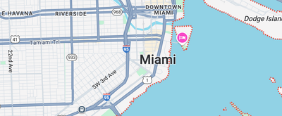 A map showing the downtown area of Miami, Florida, near the coast and Dodge Island.