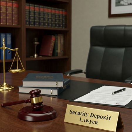 A gavel, a scales of justice statue, books, and a nameplate reading
