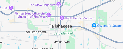 A map of central Tallahassee, Florida, featuring markers for The Grove Museum, Florida State University, and Cascades Park.