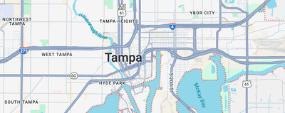 A map view of downtown Tampa, Florida, showing major highways, local roads, and nearby waterways.