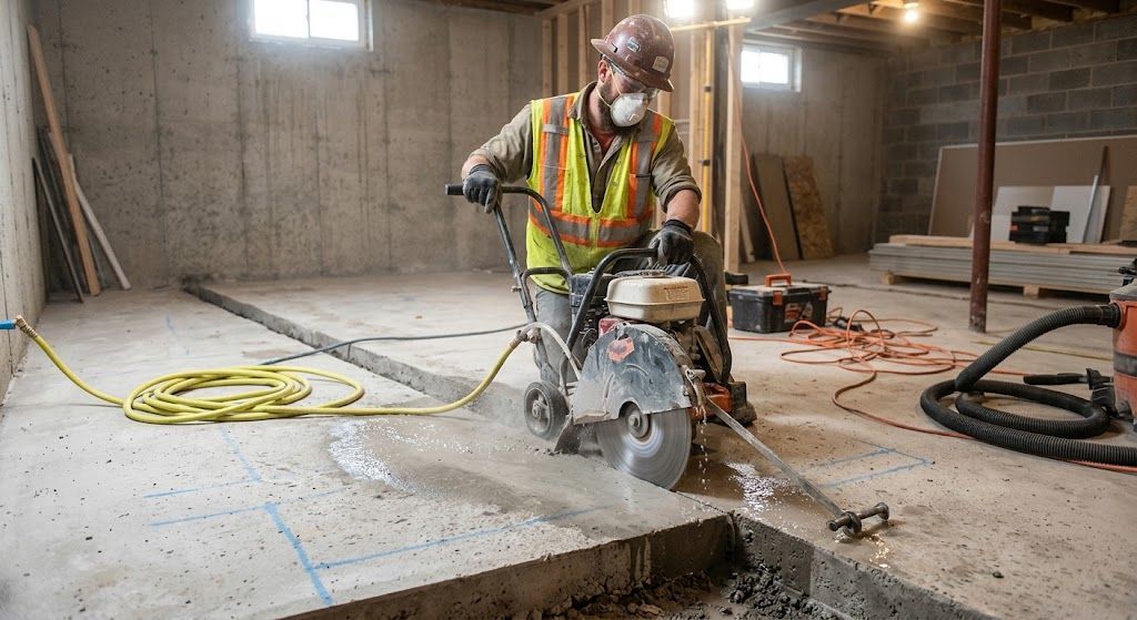 Construction worker cutting concrete floor with a power saw in an unfinished room, dust spraying around.