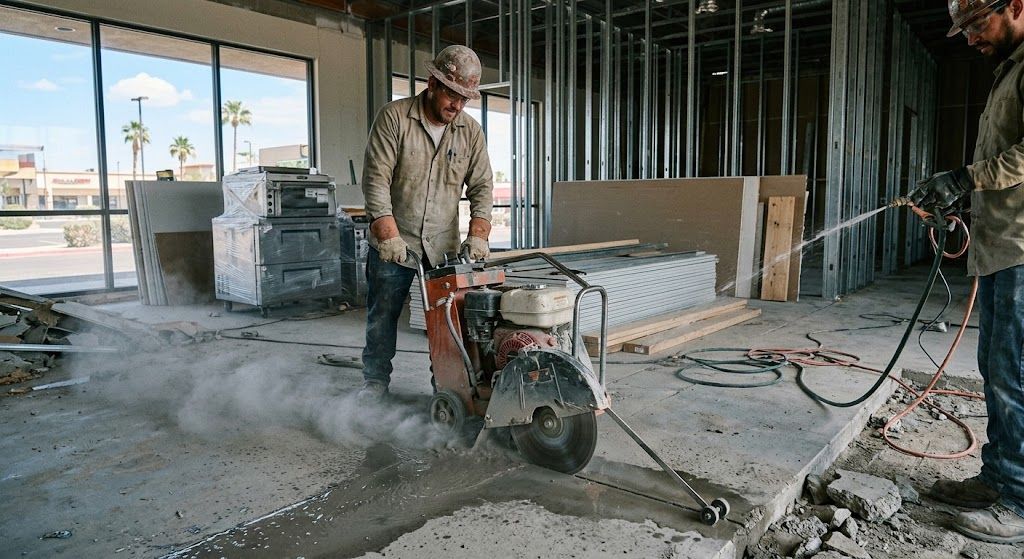 Worker using a concrete saw to cut a floor indoors, with dust and construction materials around him.