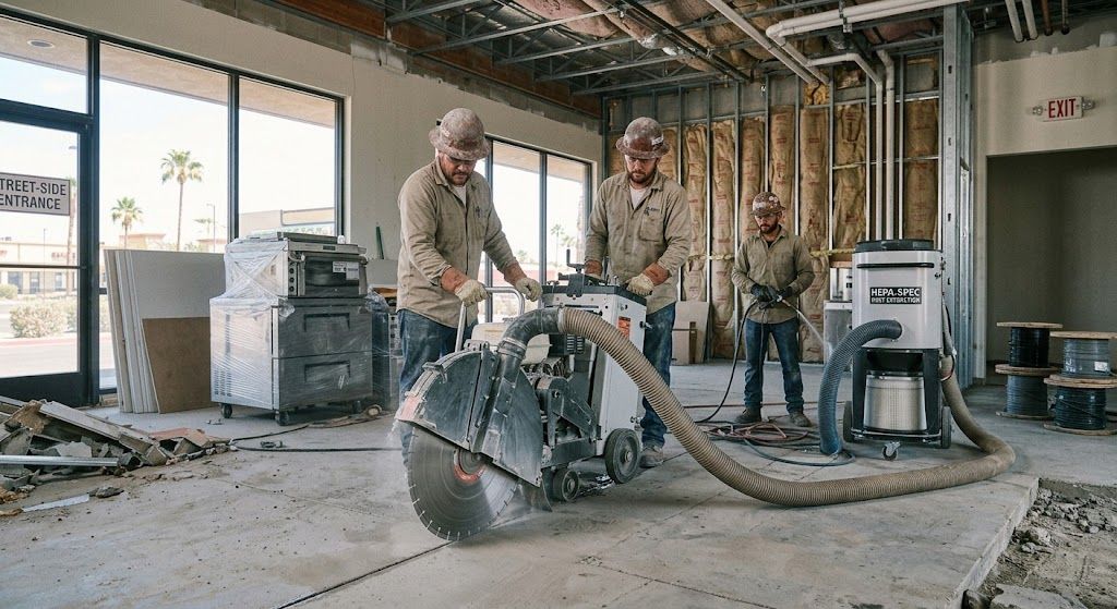Construction workers using a floor saw in a dusty, unfinished interior with exposed framing and windows.