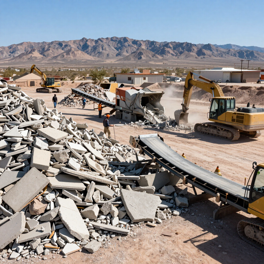 Demolition site with excavators clearing rubble in a desert landscape with mountains in the background