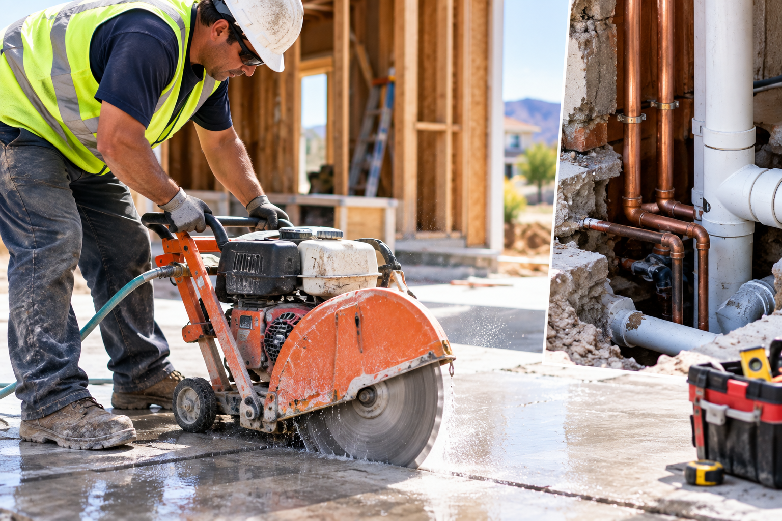 Worker using a concrete saw on a construction site beside exposed pipes and framing.