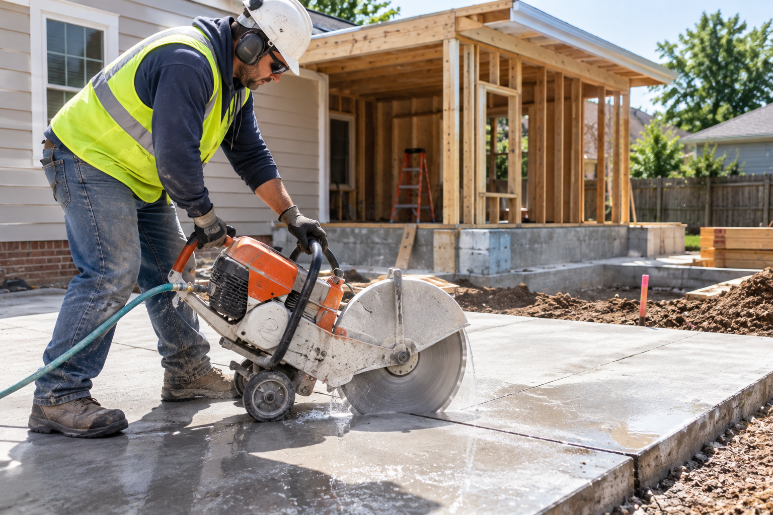 Worker cutting concrete slab with a saw at a construction site beside a house under construction
