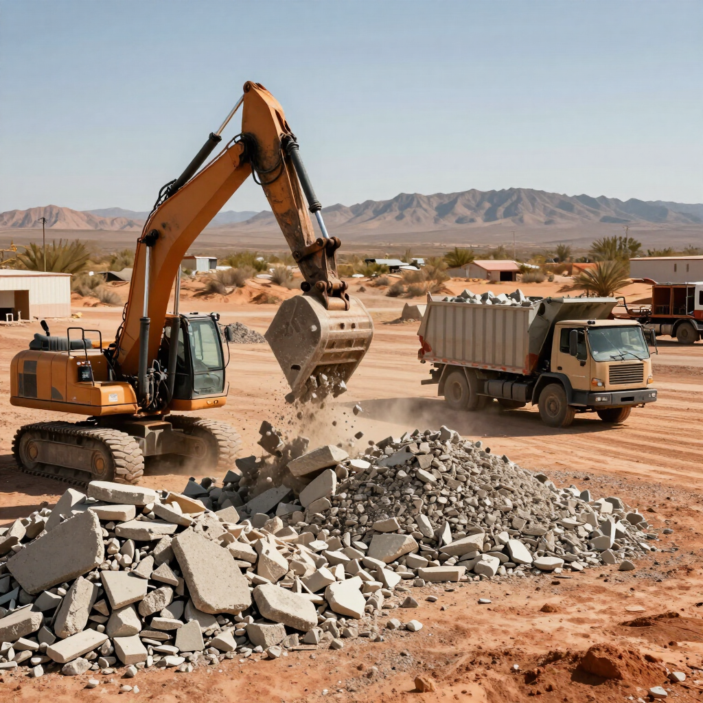 Excavator dumps rubble into a truck at a dusty construction site with mountains in the background
