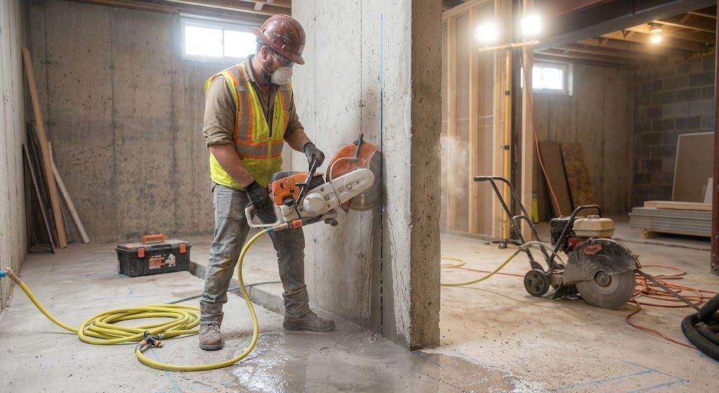 Worker using a jackhammer on a concrete wall inside an unfinished building renovation site