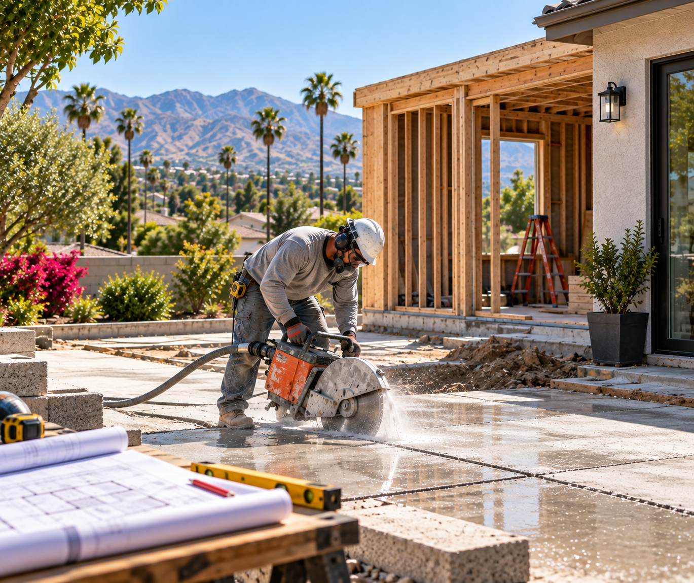 Worker cutting concrete with a saw at a house construction site, with mountains and palm trees in the background