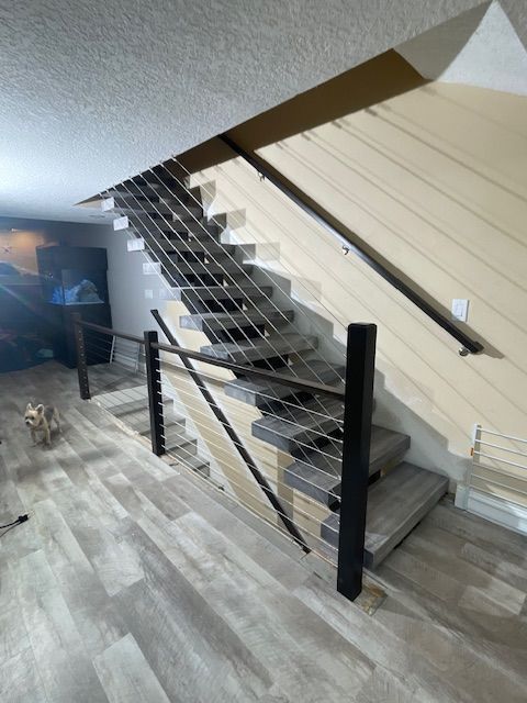 Modern staircase with cable railing, wooden steps, and black posts. A small dog walks on the floor.