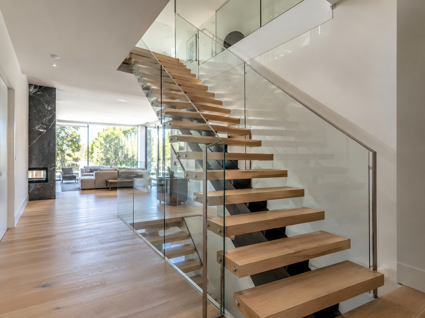 custom staircases with wood treads and glass railings