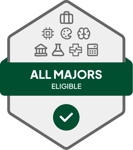 Badge with blue banner: 