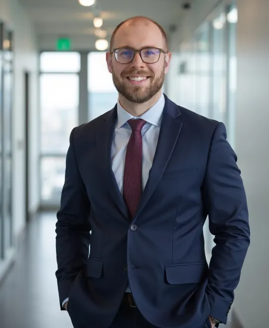 Man in navy suit and glasses standing in a bright office hallway, smiling with hands in pockets