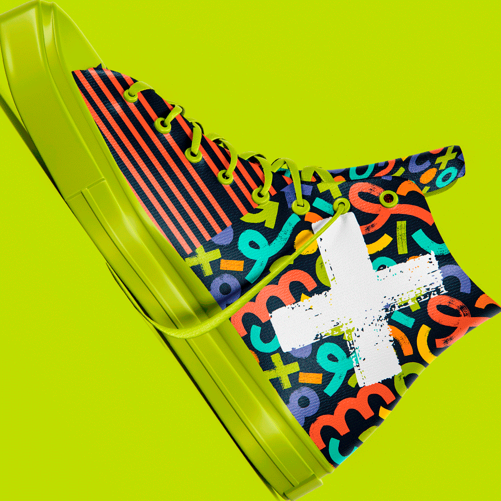 A colorful shoe with a white cross on it