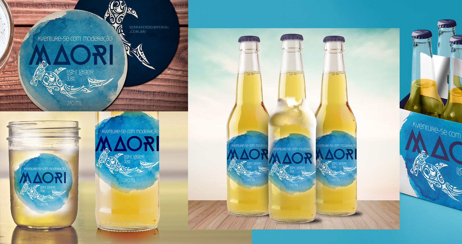 Três garrafas de cerveja maori estão sobre uma mesa