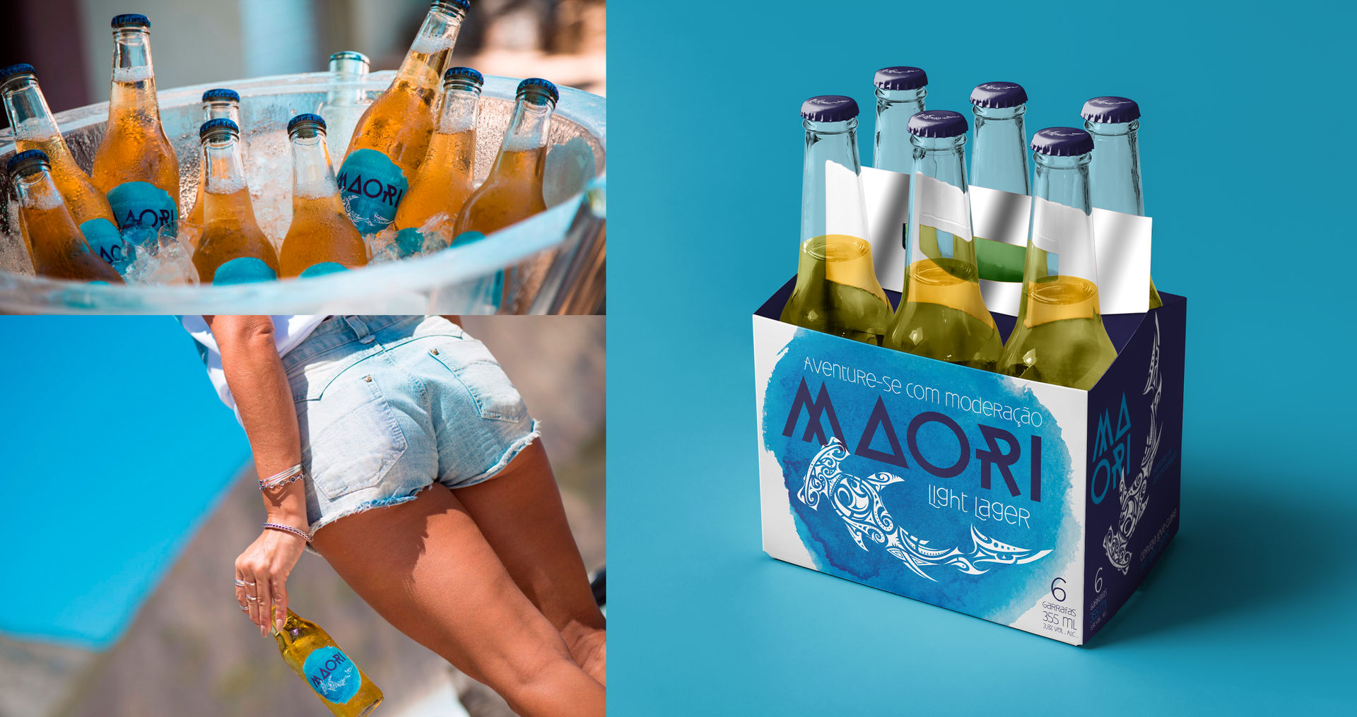 Uma mulher carrega uma bandeja com garrafas de cerveja maori.