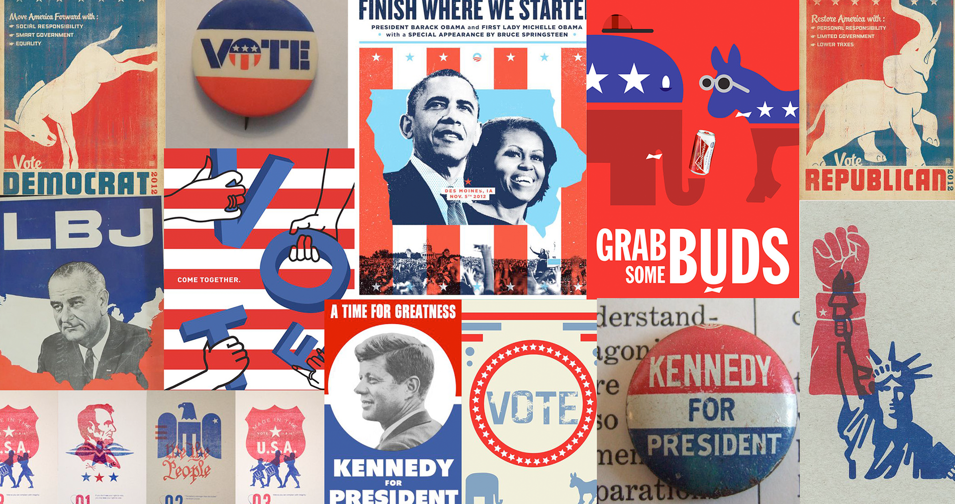 A collage of political posters including one that says grab buds