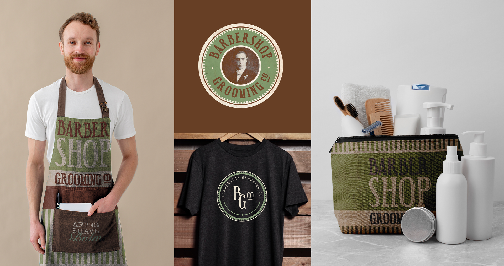 Um homem está vestindo um avental e uma camiseta de barbearia.