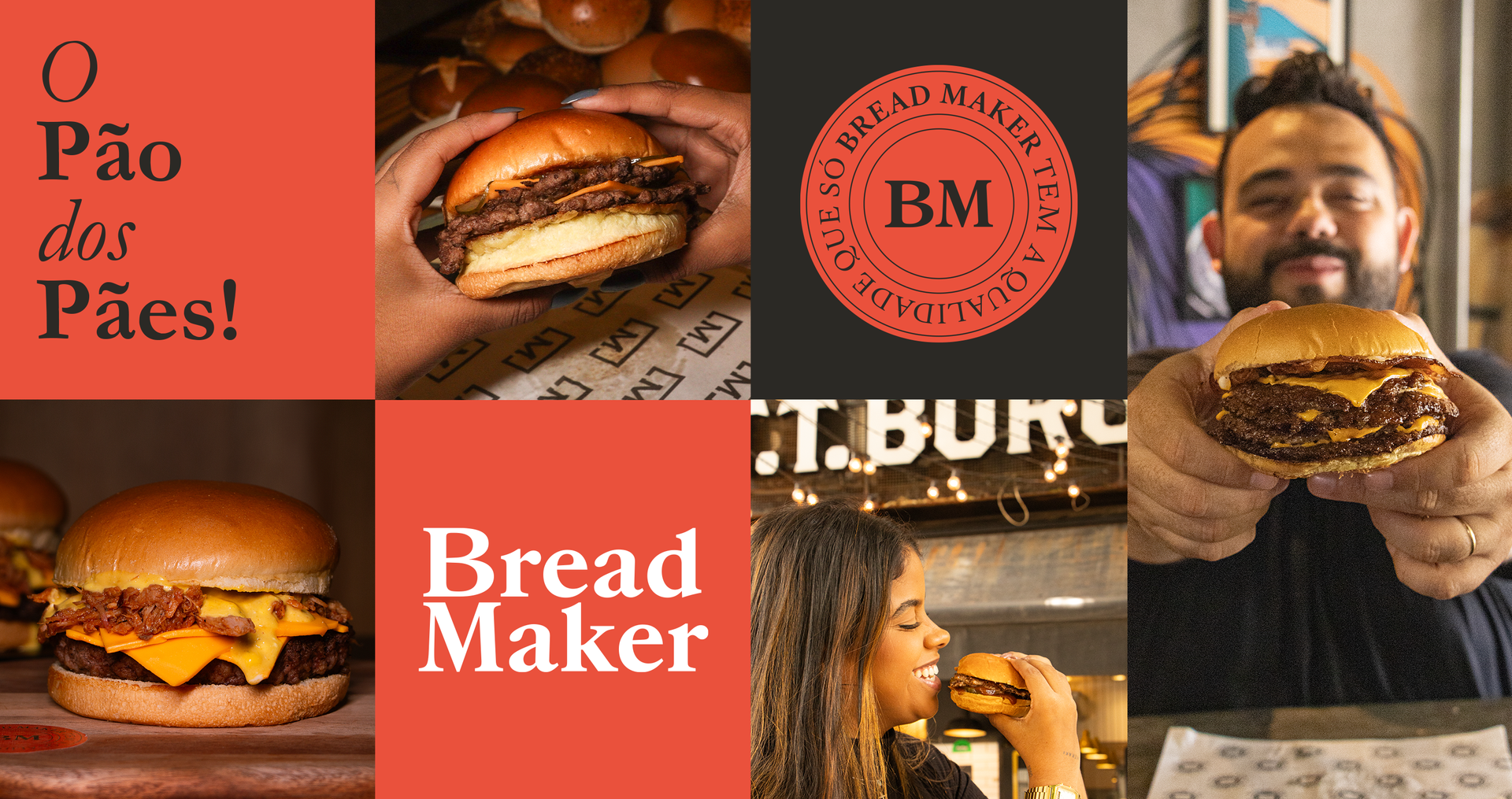Bread Maker Um homem segura um hambúrguer em frente a uma placa que diz máquina de fazer pão
