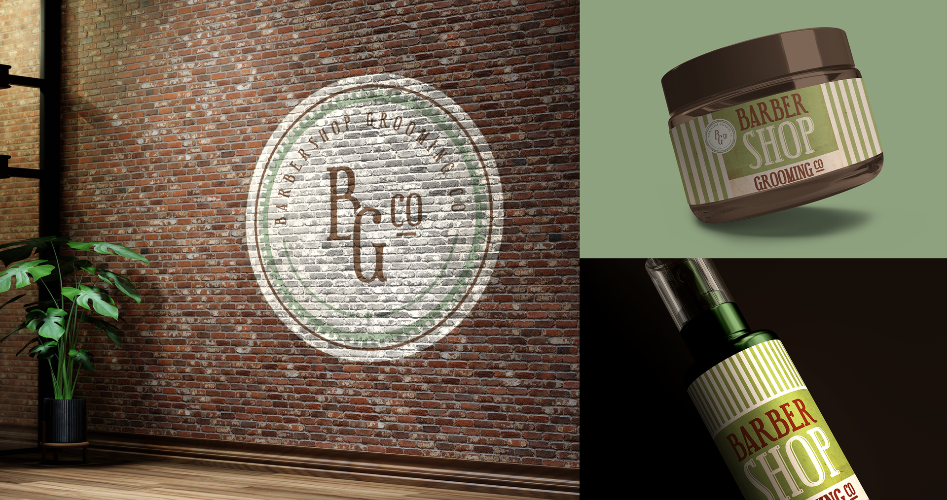Uma parede de tijolos com um logotipo e uma garrafa de cera de barbearia.