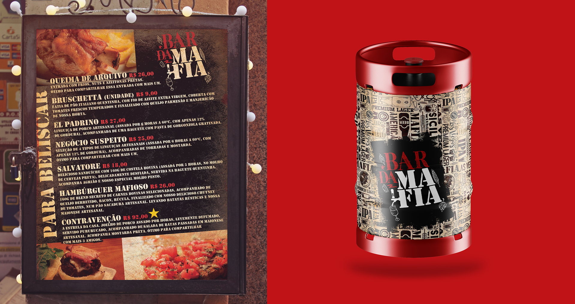 BAR DA MAFIA Uma foto de um menu ao lado de um barril de cerveja