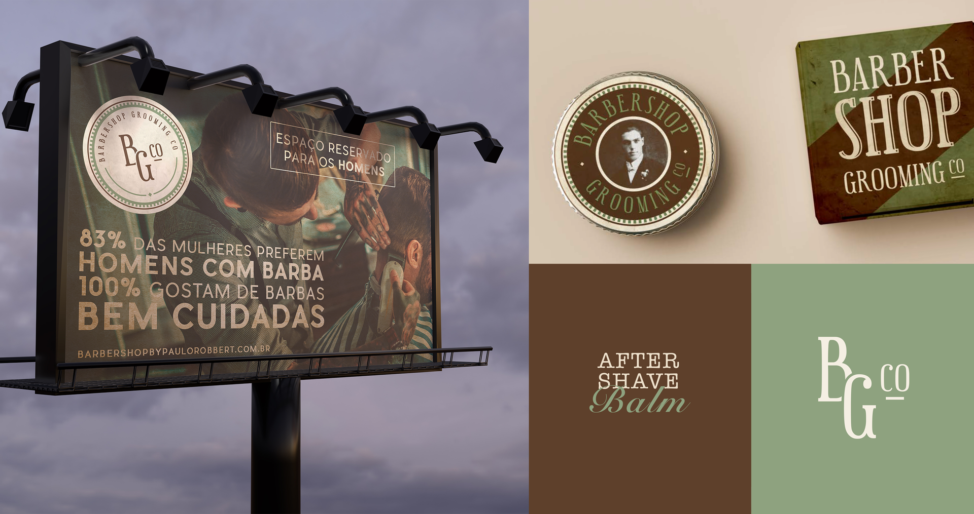 Um outdoor de uma barbearia está ao lado de uma colagem de logotipos.