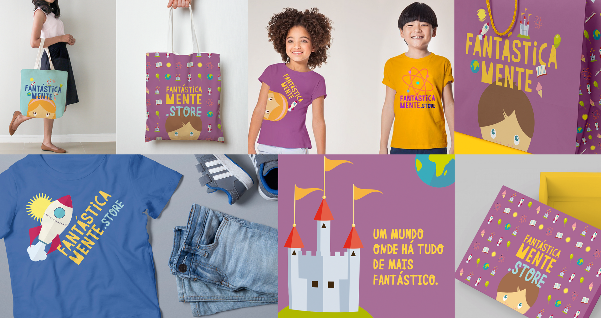 Uma colagem de camisetas, bolsas e cartões infantis.