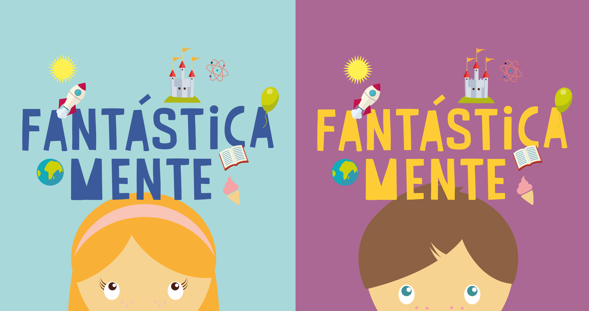 Um menino e uma menina estão um ao lado do outro com as palavras fantastica mente na cabeça.