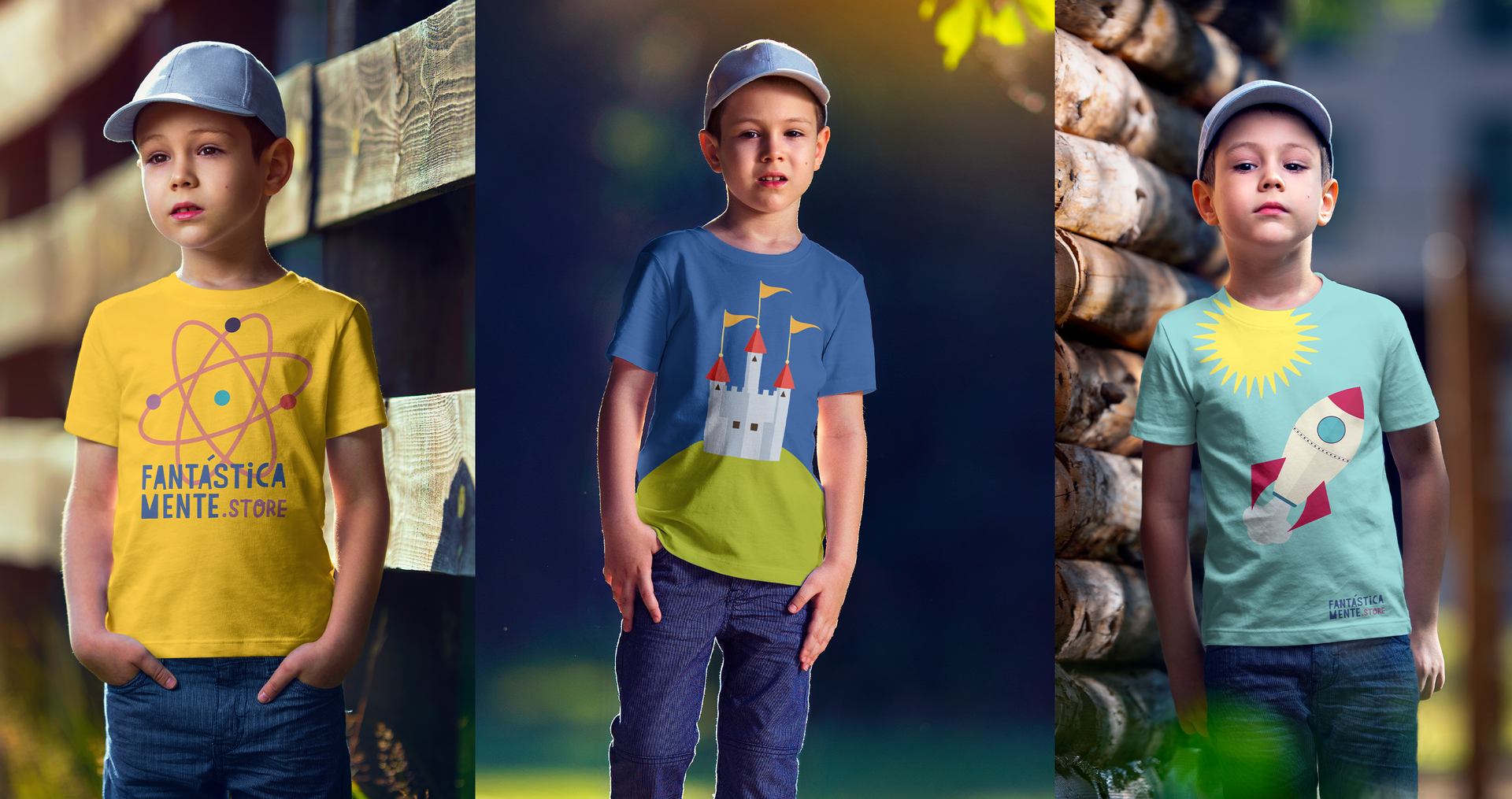 Três meninos vestindo camisetas diferentes estão um ao lado do outro.
