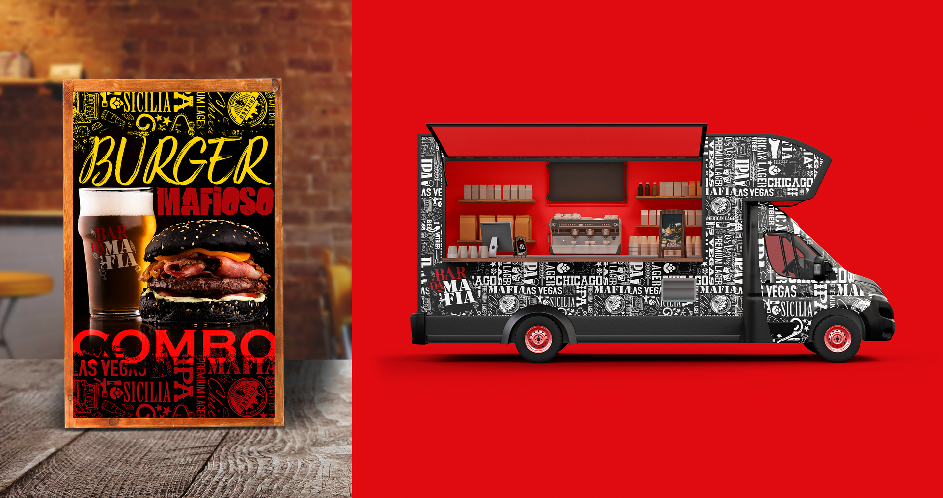 BAR DA MAFIA Um food truck está estacionado ao lado de uma placa que diz ``combo de hambúrguer''.