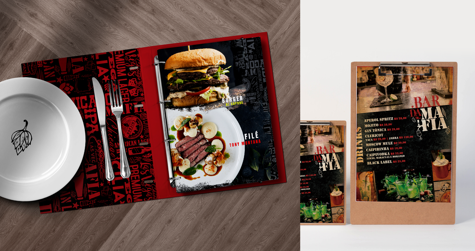 BAR DA MAFIA Um jogo americano com a imagem de um hambúrguer e um prato de comida.