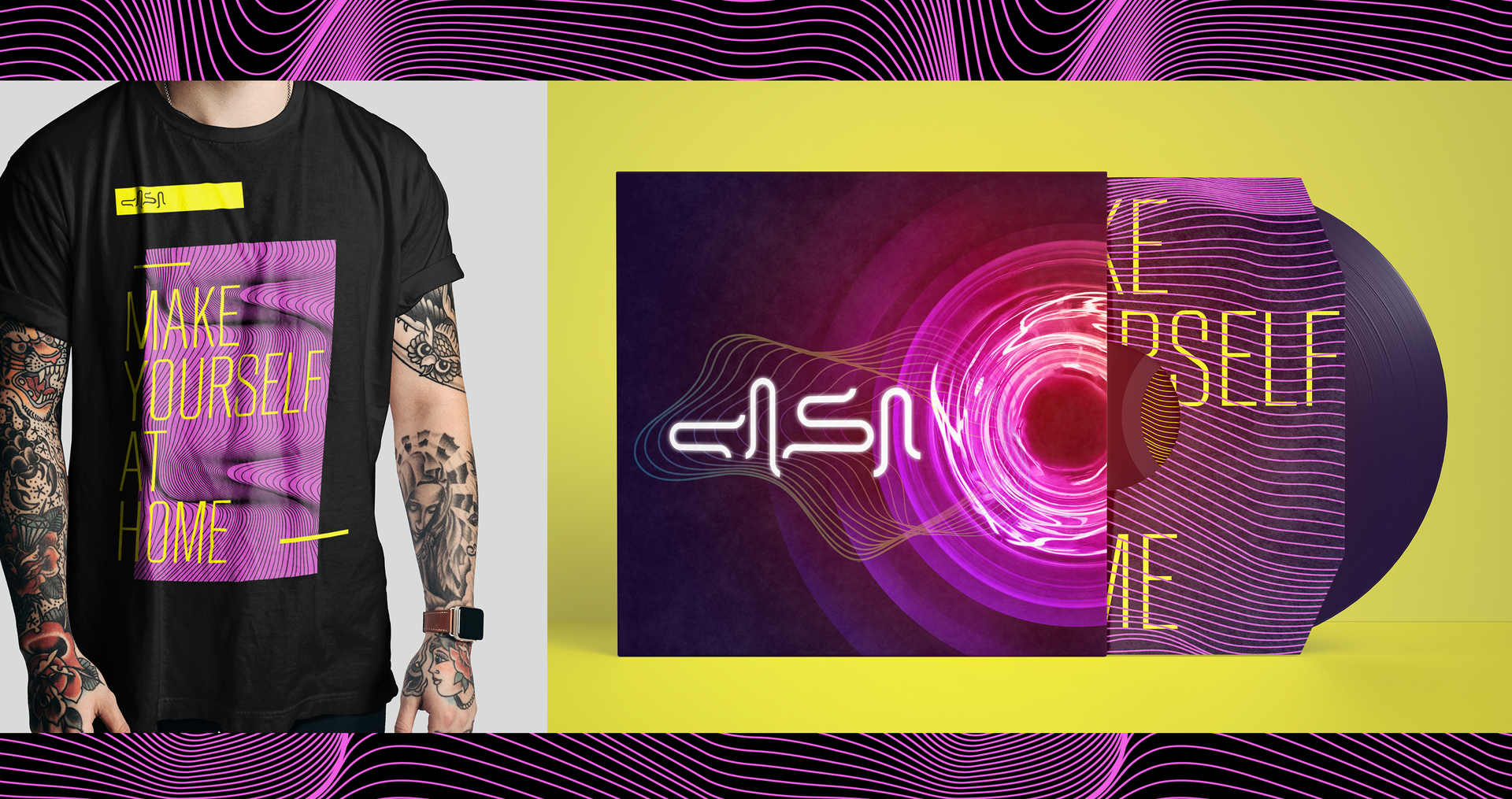 Boate Casa Um homem tatuado está parado ao lado de uma camiseta e um disco.