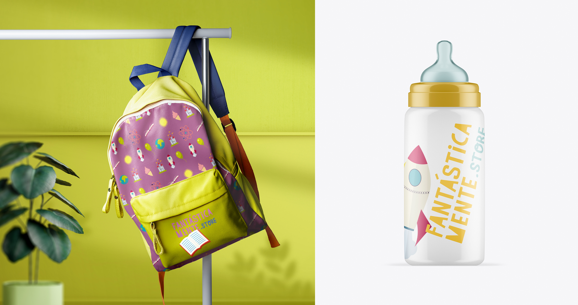 Uma mochila está pendurada em um suporte ao lado de uma mamadeira.