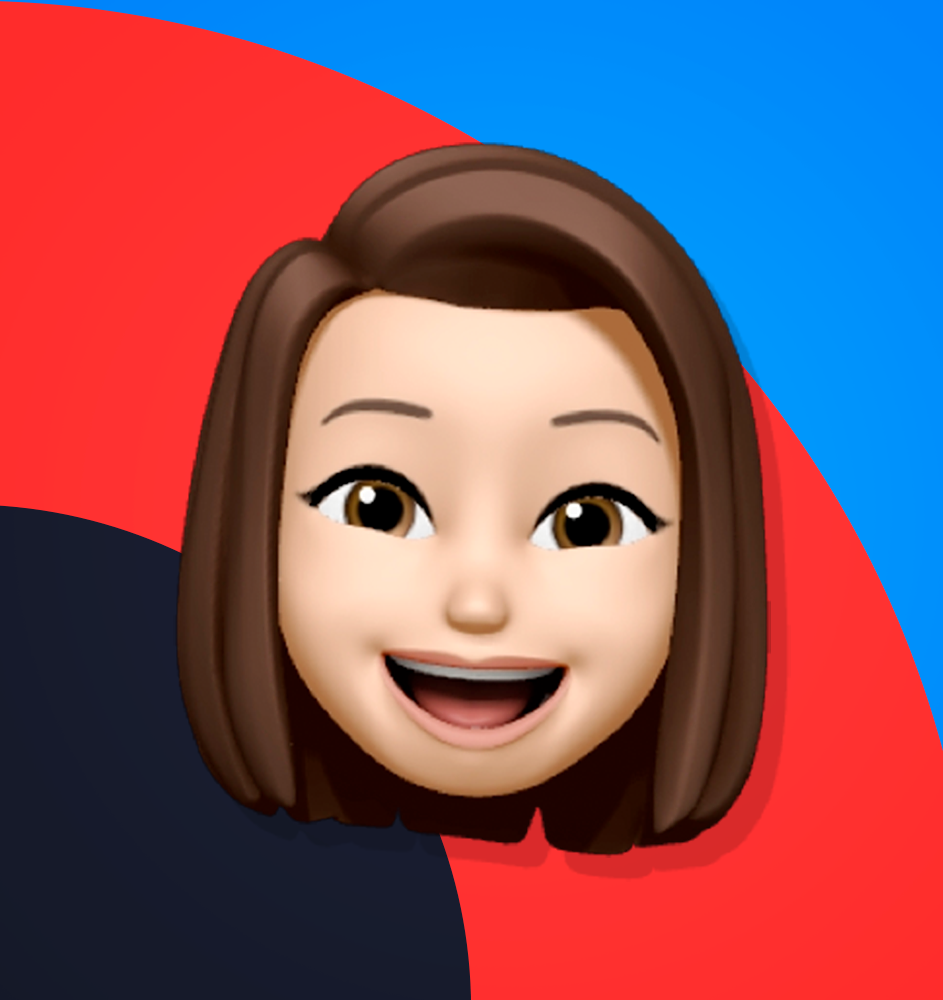 Um rosto de desenho animado com cabelo castanho está sorrindo em um fundo vermelho e azul