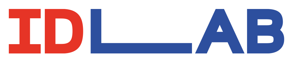 Um logotipo vermelho e azul para idlab em um fundo branco