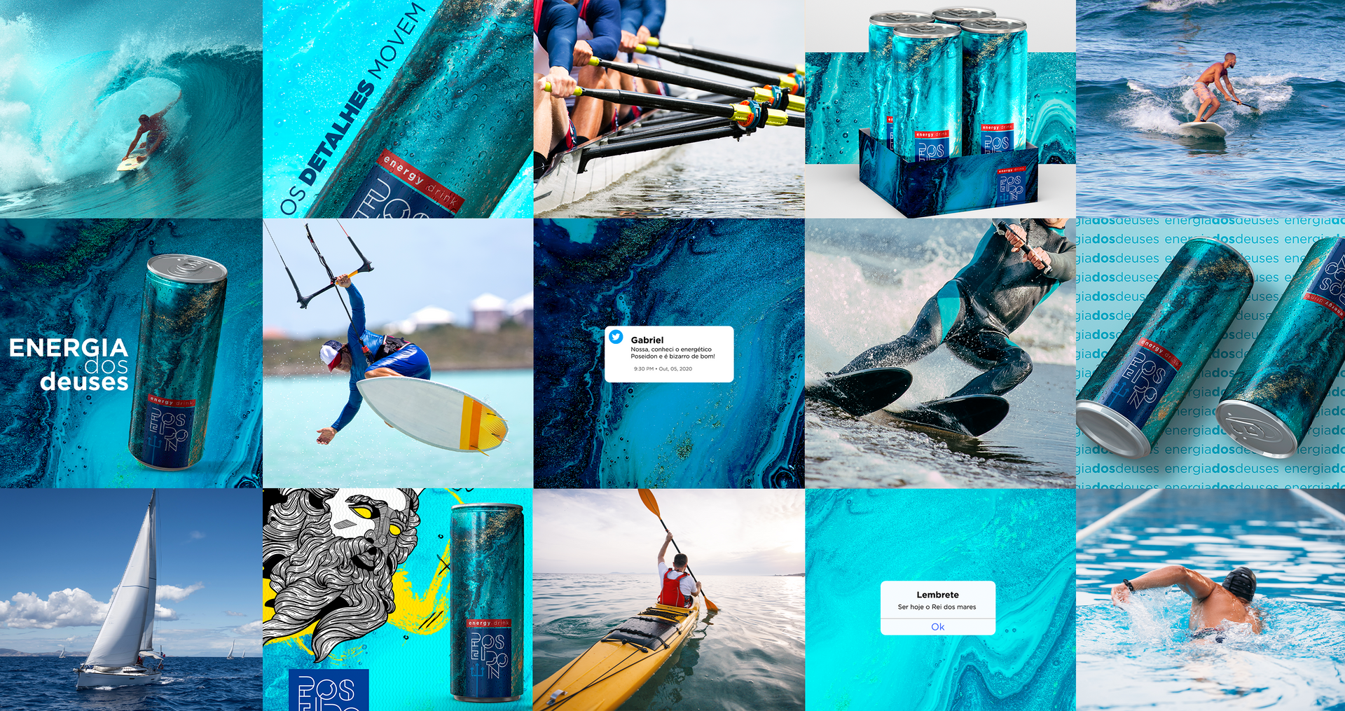 Poseidon Energy Drink A collage of pictures of people doing different activities in the ocean.