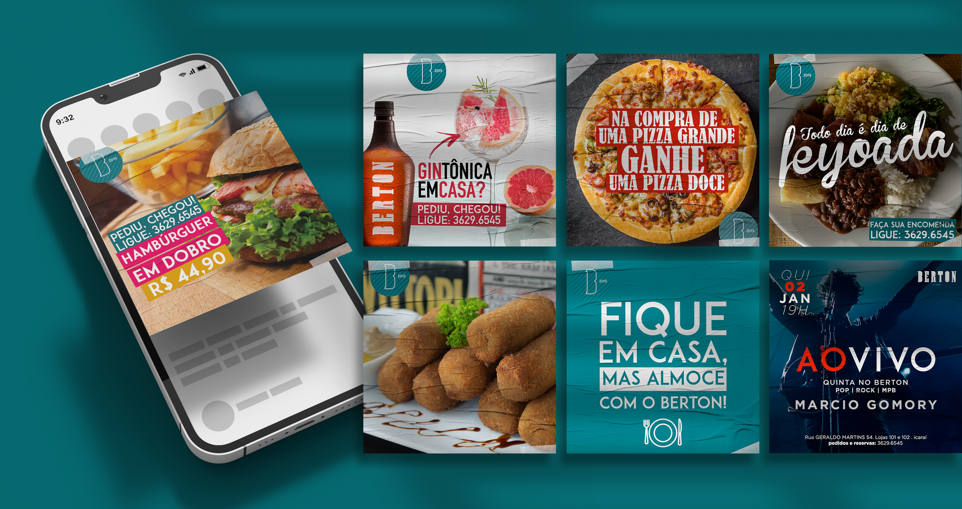 Um celular está em cima de uma mesa ao lado de um monte de propagandas de comida.