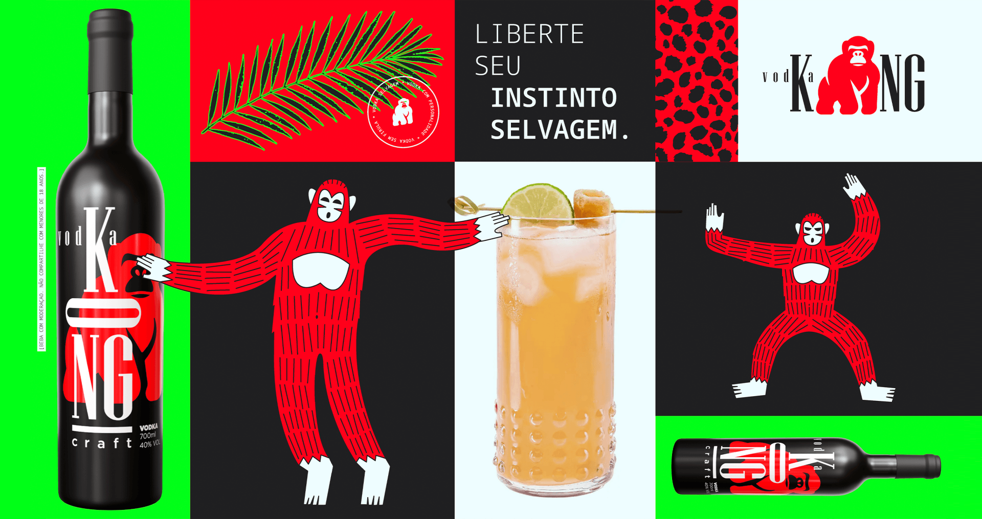 KONG Vodka Uma garrafa de vinho, um homem de terno vermelho, uma taça de vinho e uma bebida.