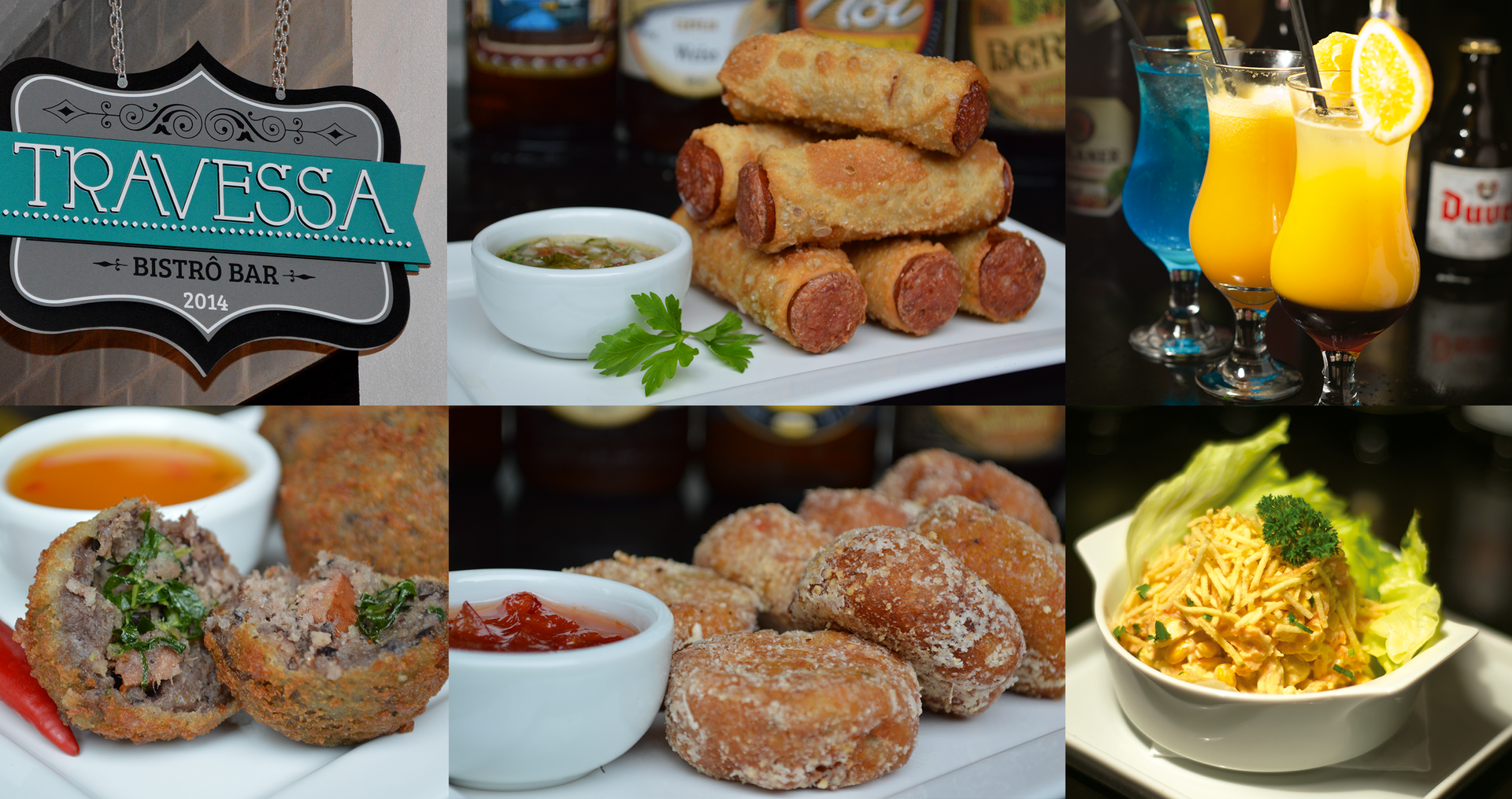 Travessa A collage of food and drinks including a sign that says travessa