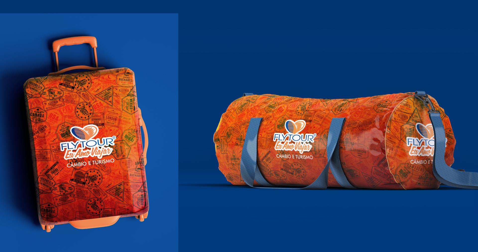 Uma mala e uma mochila em um fundo azul.